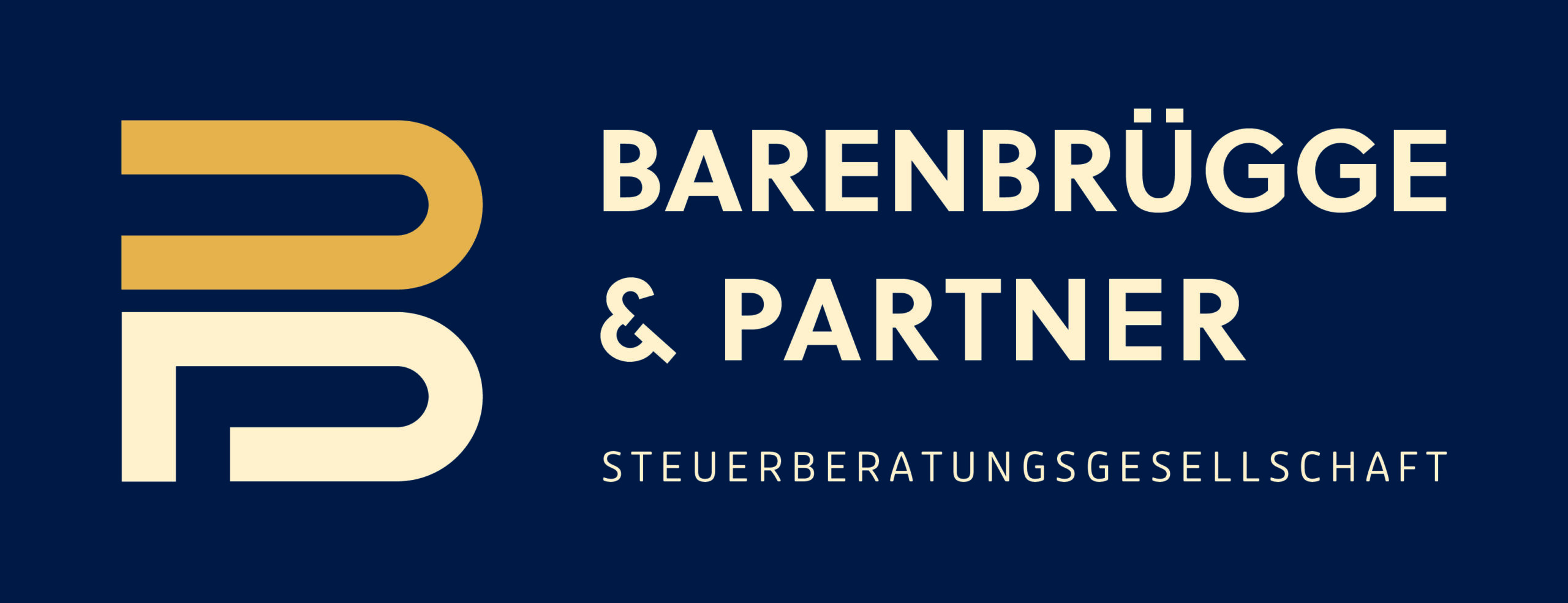 Logo for Barenbrügge & Partner Steuerberatungsgesellschaft. Features a stylized “B” in gold and white on a dark blue background, with the company name in bold uppercase letters to the right.
